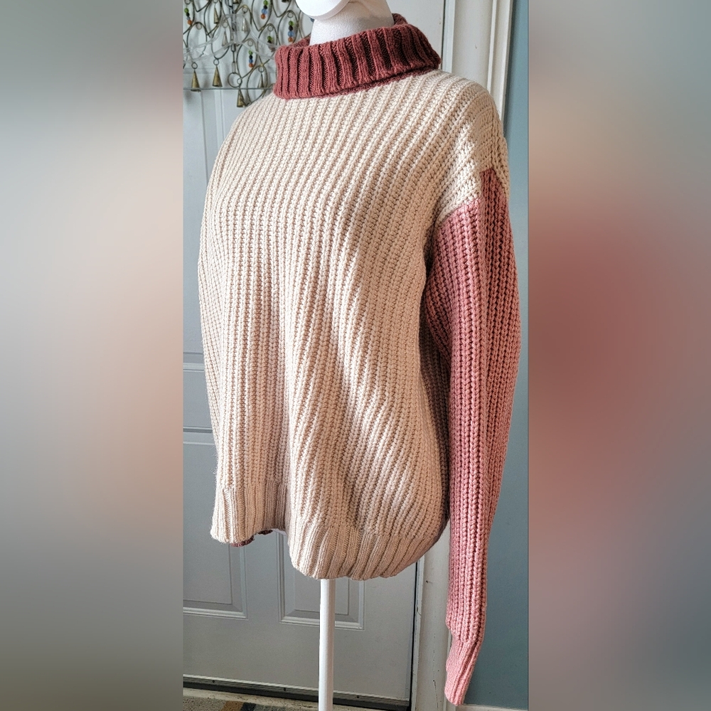 Marine Layer Juniper Oversized Colorblock Turtleneck Sweater Womens S Cream Pink - Picture 2 of 13